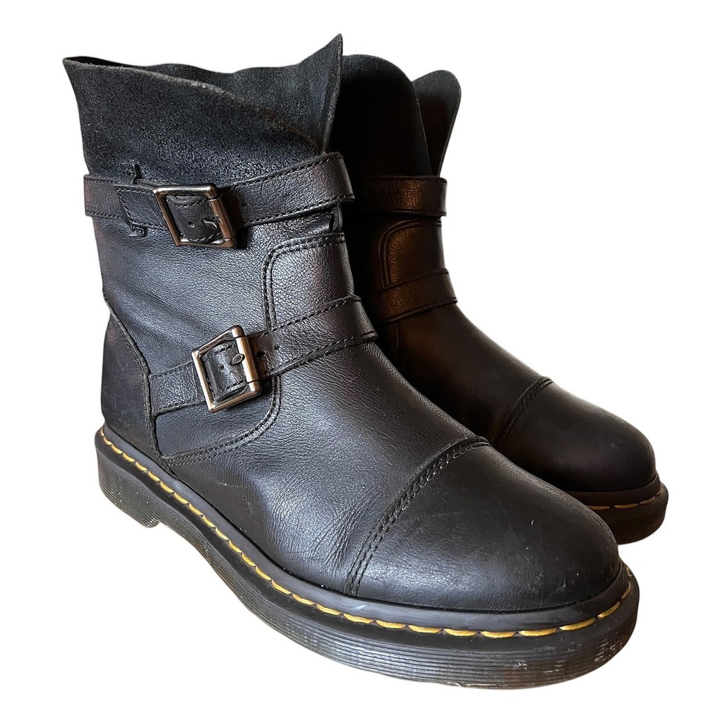 Dr. Martens Kristy Black Leather Suede Biker Boots Buckle Mid Calf Womens 9 - Picture 6 of 16